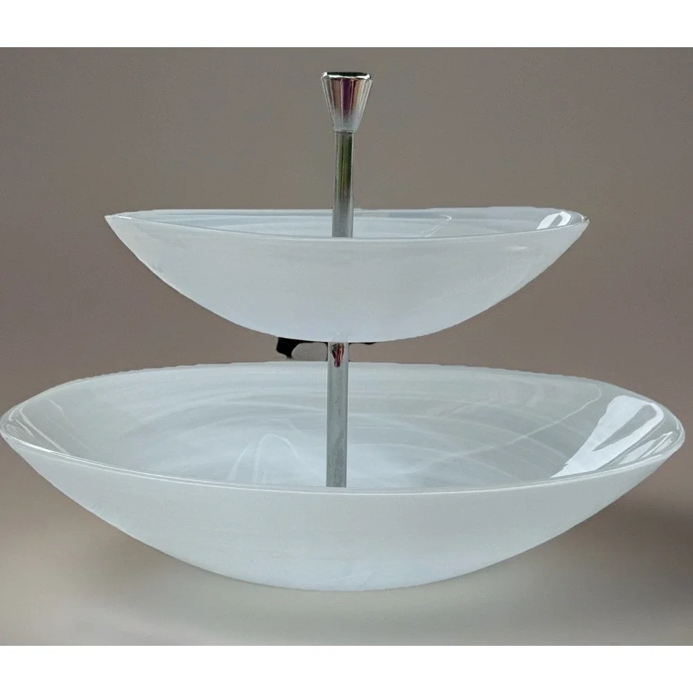 Pier One Two Tiered Swirled Glass Serving Tray Elegant Oval Dessert Stand #5629